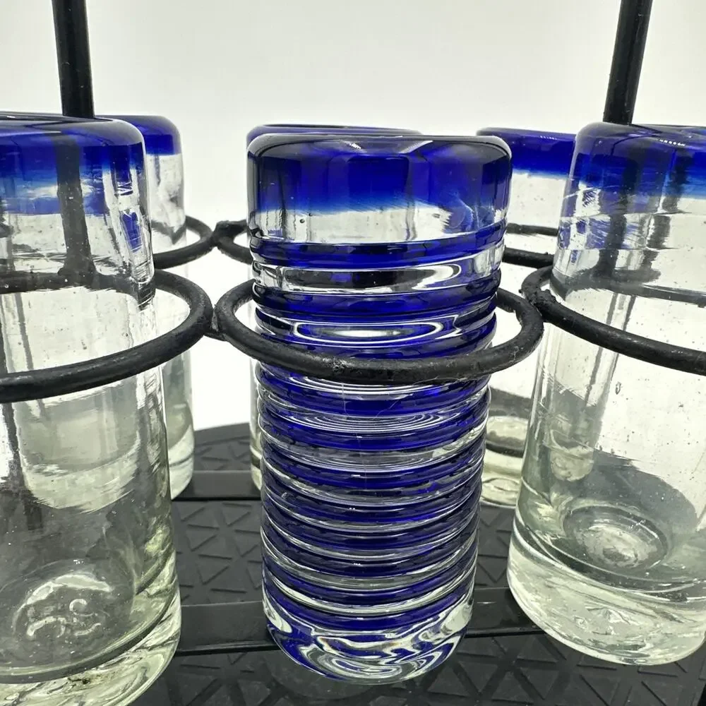 Hand blown Shot Glasses With Metal Caddy. Set Of 6